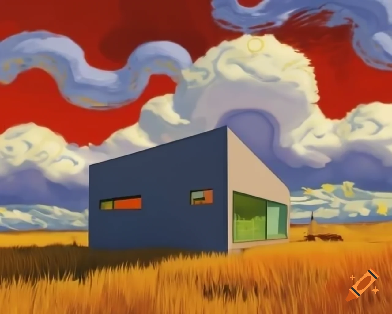 Sleek modern minimalist house against red clouds in Van Gogh style