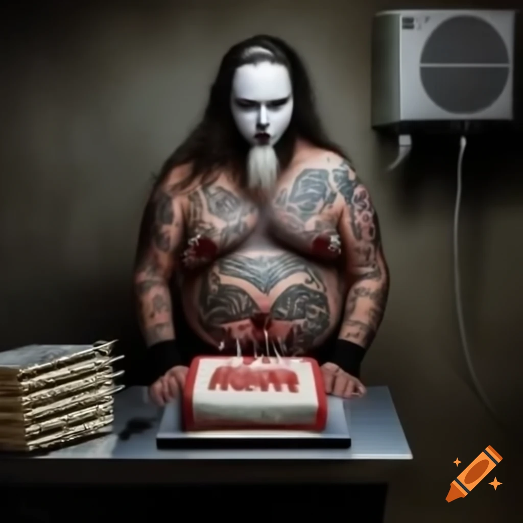 Heavy metal man with tattoos and mask next to air conditioning, birthday cake in corner