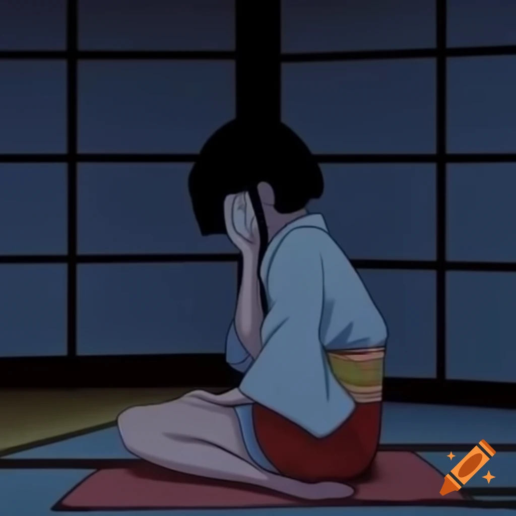 Japanese woman in kimono crying on floor mat