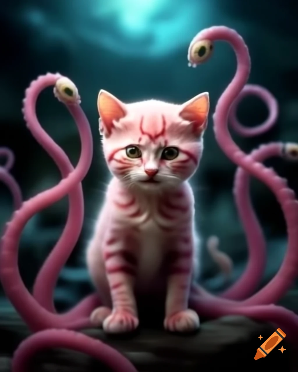 Pink kitten with alien tentacles in fantasy setting