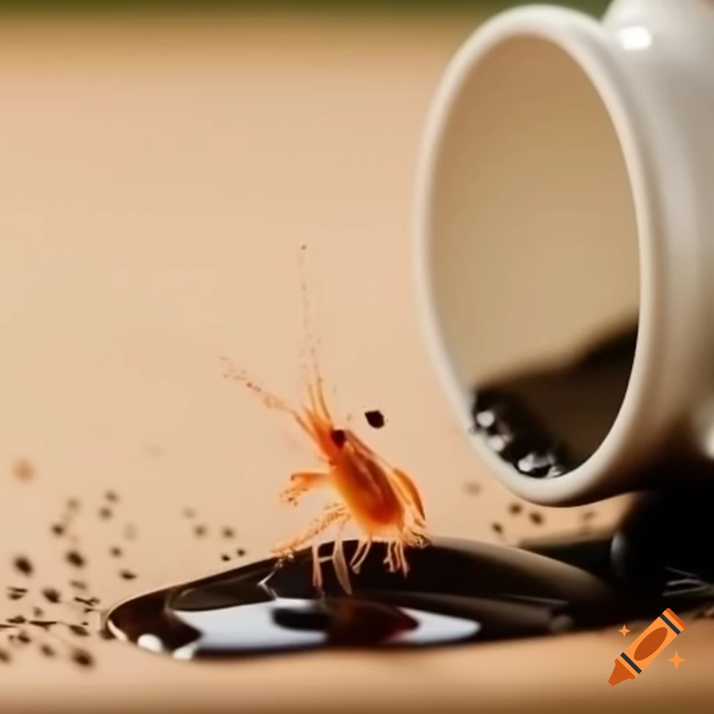 Tiny shrimp on large coffee cup with spill