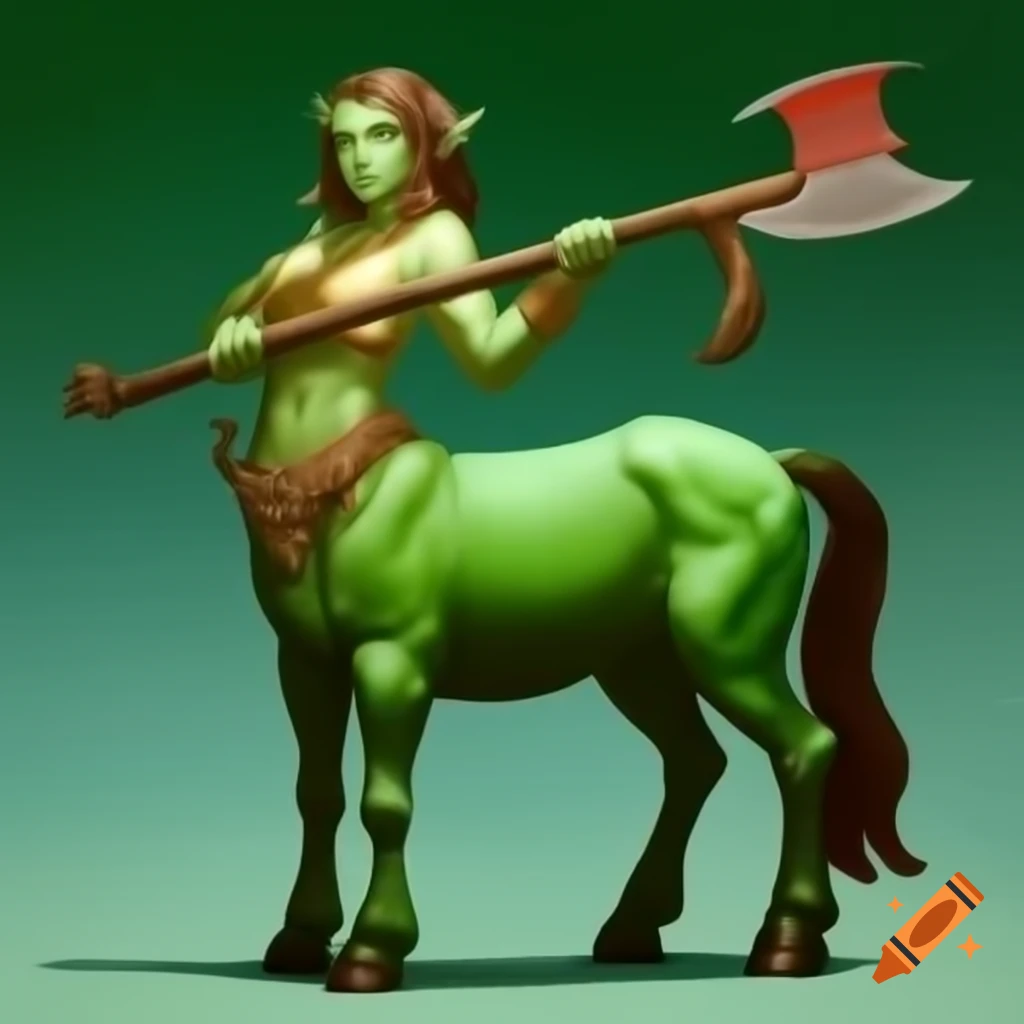 Green female centaur wielding a medieval axe