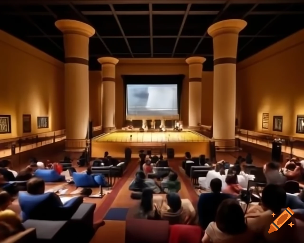 Ancient Egyptian gallery with affluent spectators overlooking events below