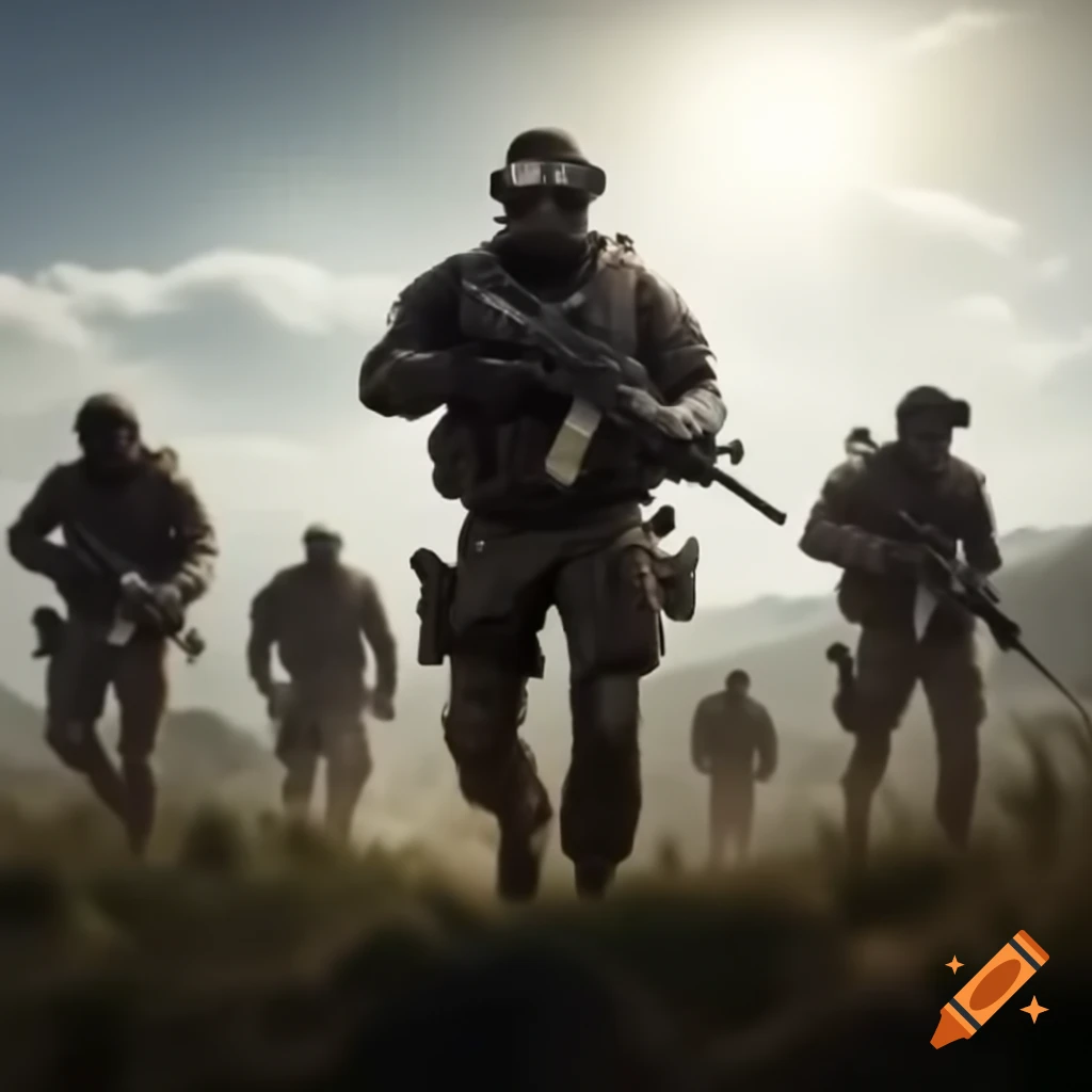 Tactical hunters on hilltop with sunny backdrop