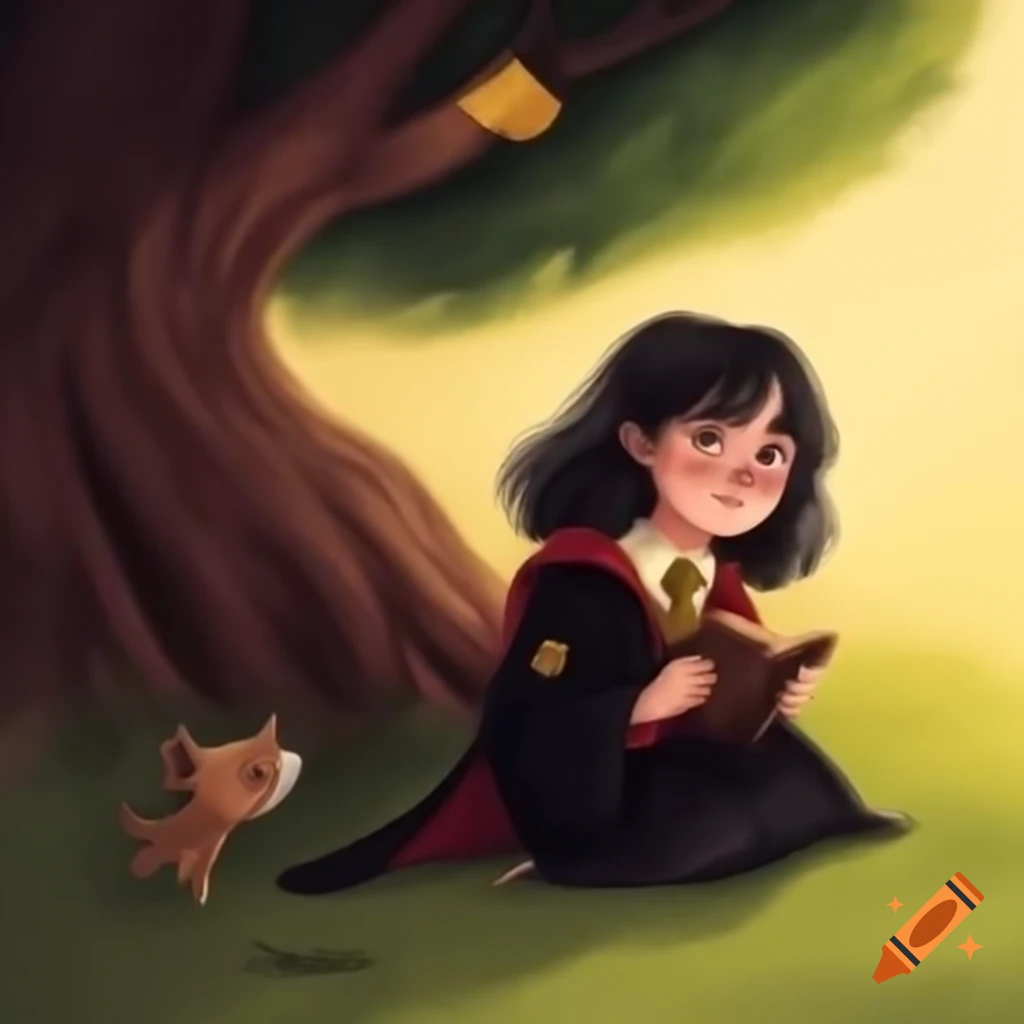 Hogwarts girl with black and brown streaked hair reading under a tree with a dog