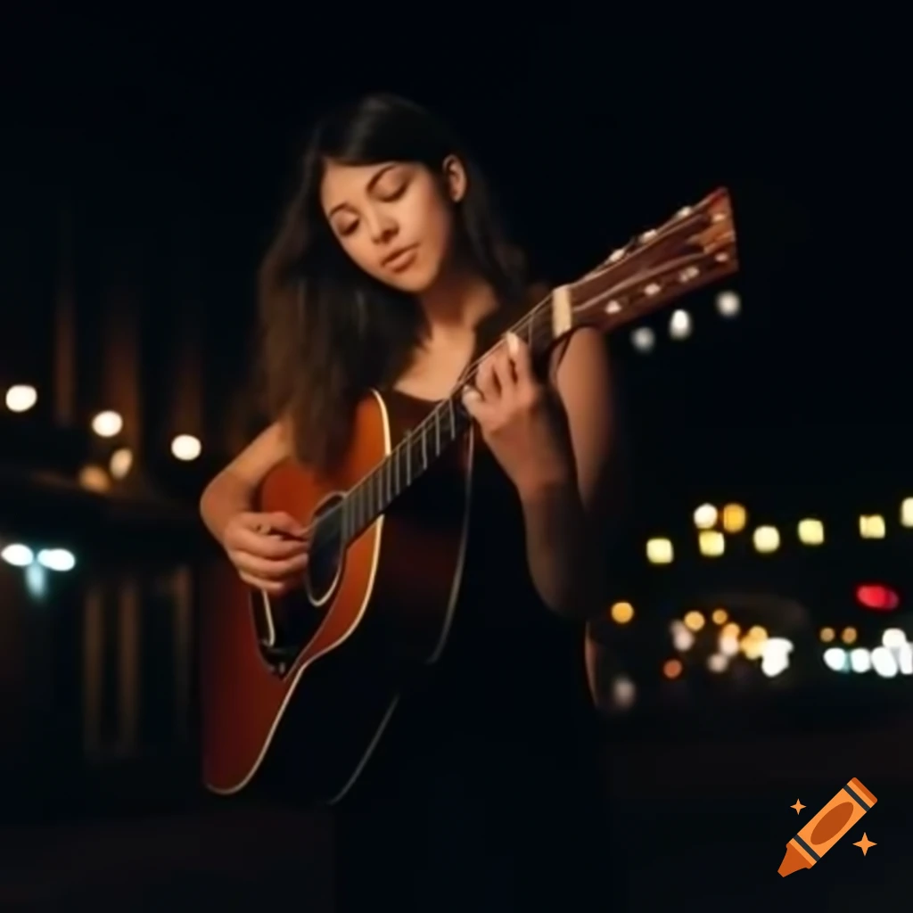 Woman playing guitar on jazz night in New Orleans with night lights