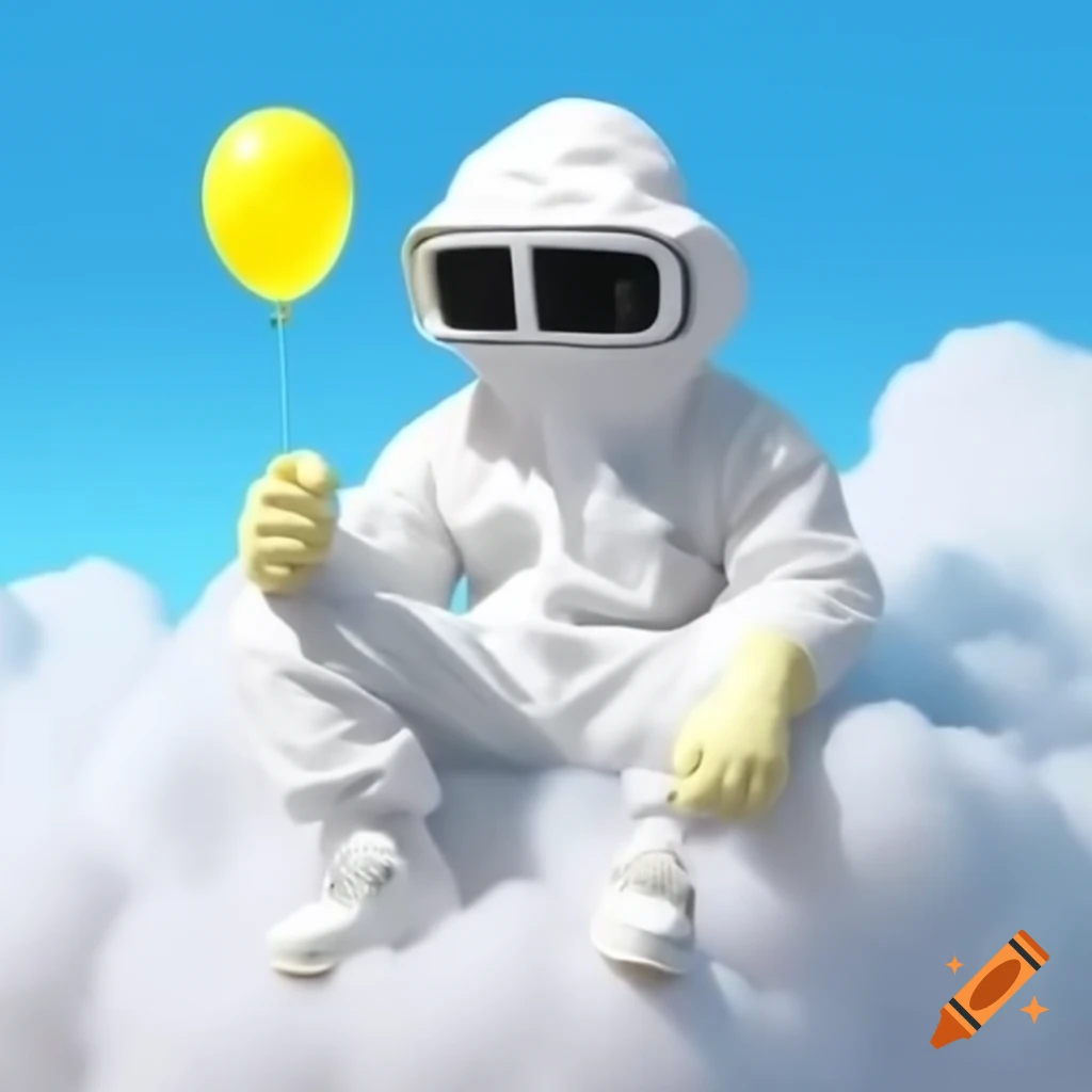 Rapper in hazmat suit sitting in clouds holding yellow balloon and smiling