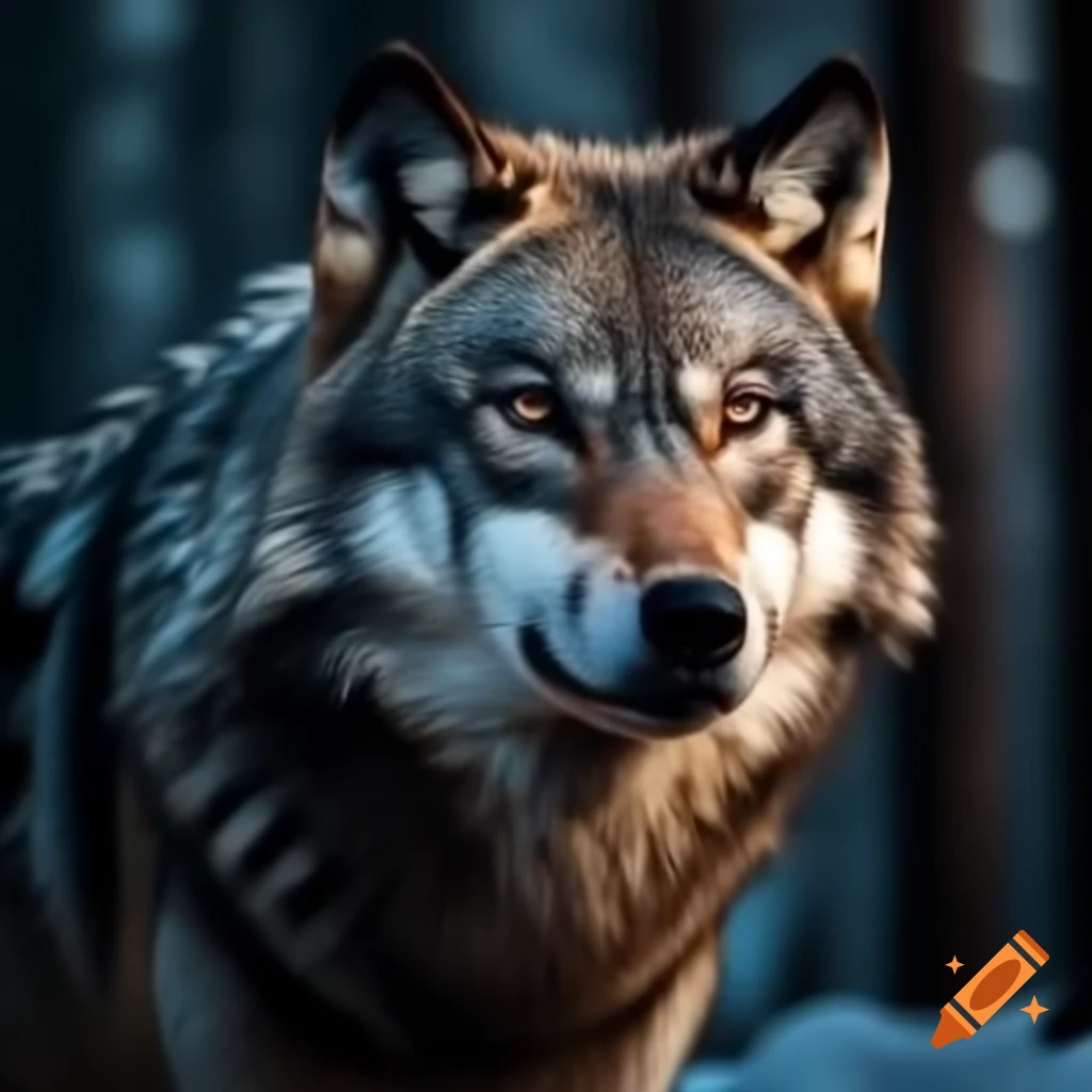 Wild wolf in dark winter forest with fierce eyes