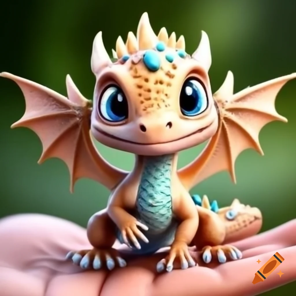 Cute baby dragon with tan scales and blue eyes held in hand