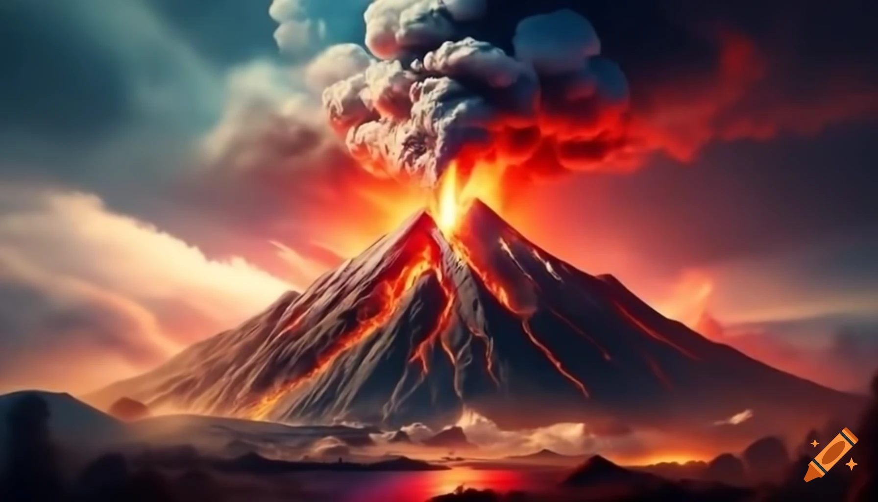 Volcano erupting with lava and ash clouds