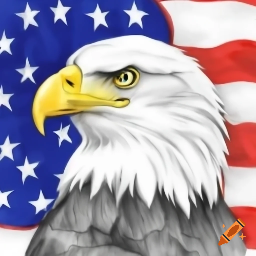 Eagle head pencil drawing with US flag background