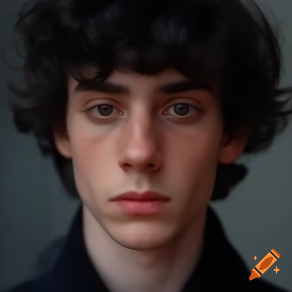Young man with curly dark hair and large eyes in casual rumpled clothing