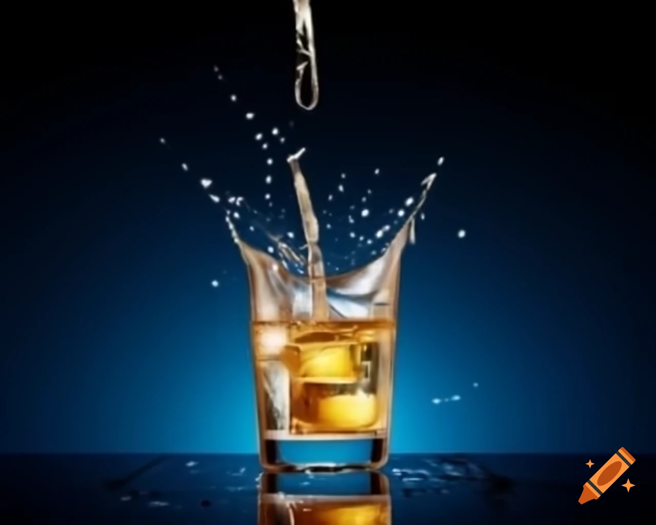 Refreshing drink splashing in glass with bright lights on dark background