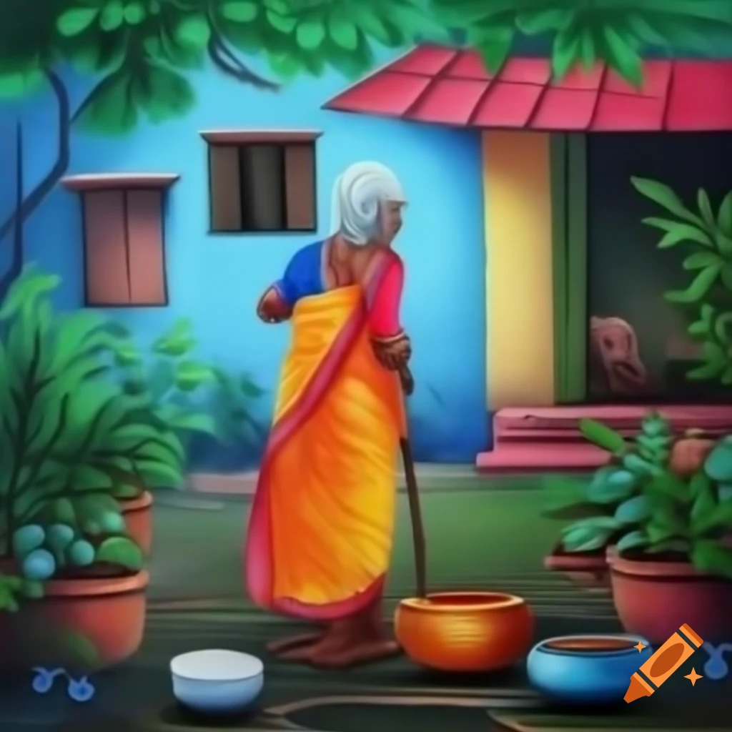 Watercolor painting of elderly Indian woman in village garden