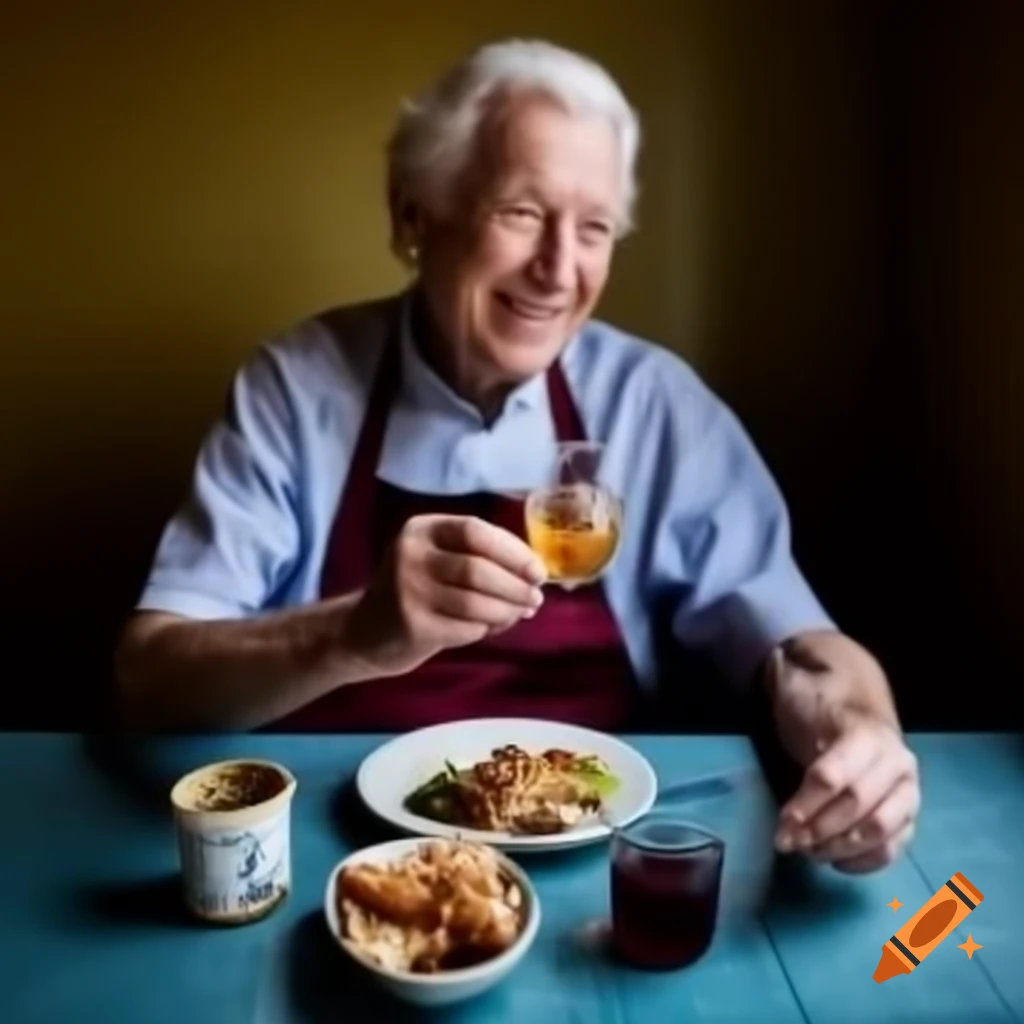 Cheerful elderly man with rosy complexion at table full of food and drink