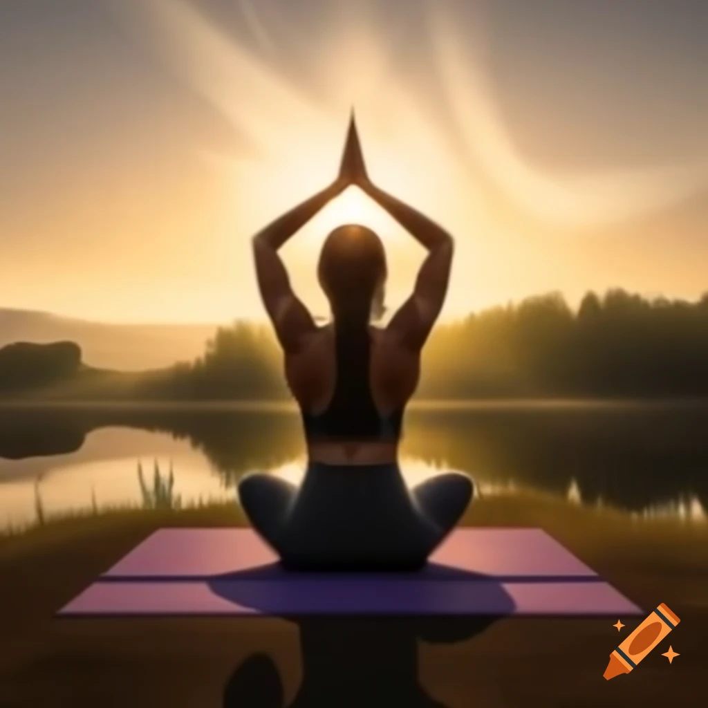 Woman practicing Warrior II yoga pose on mat in serene outdoor setting at sunrise