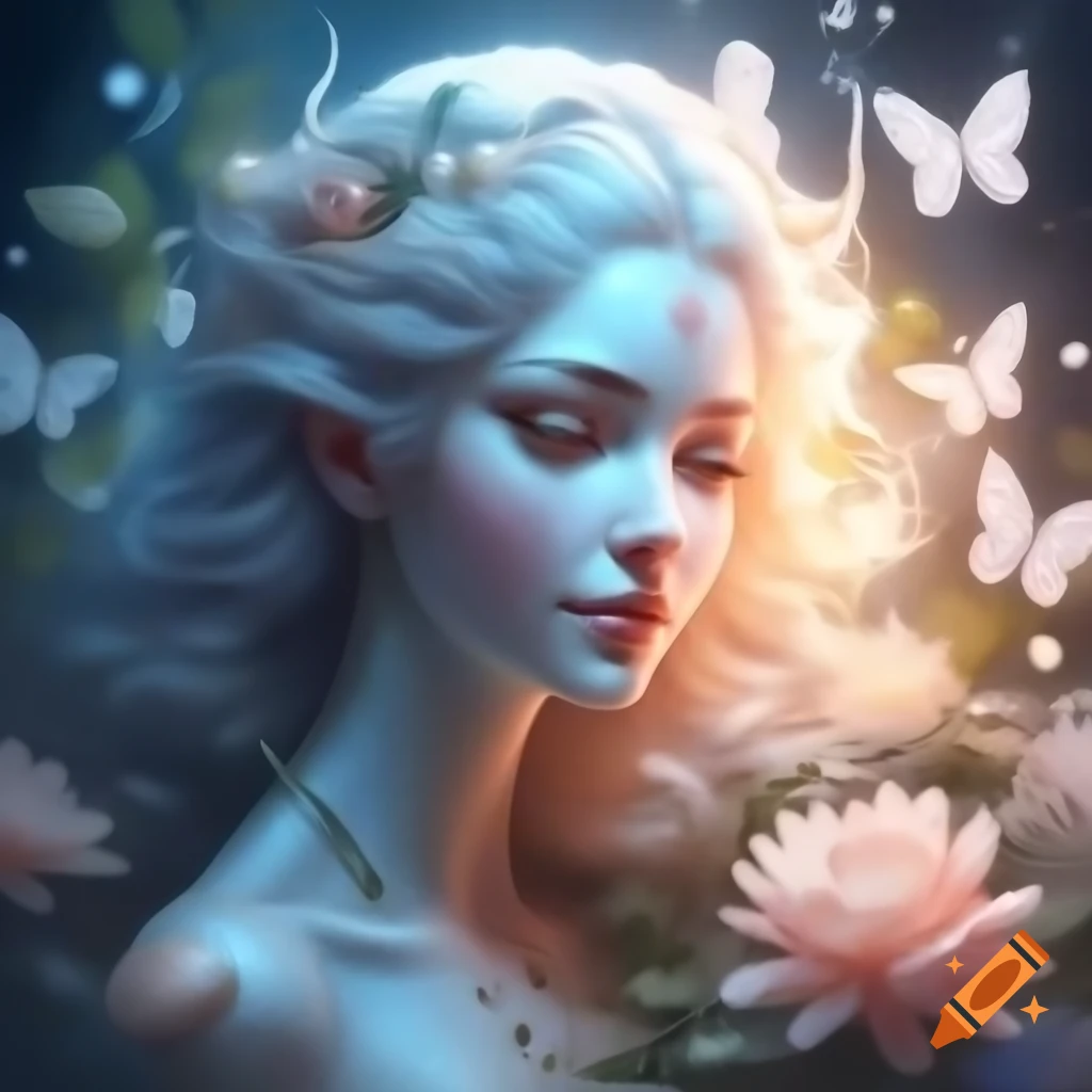 Profile portrait of a beautiful goddess with glowing hair surrounded by flowers and butterflies in magical light