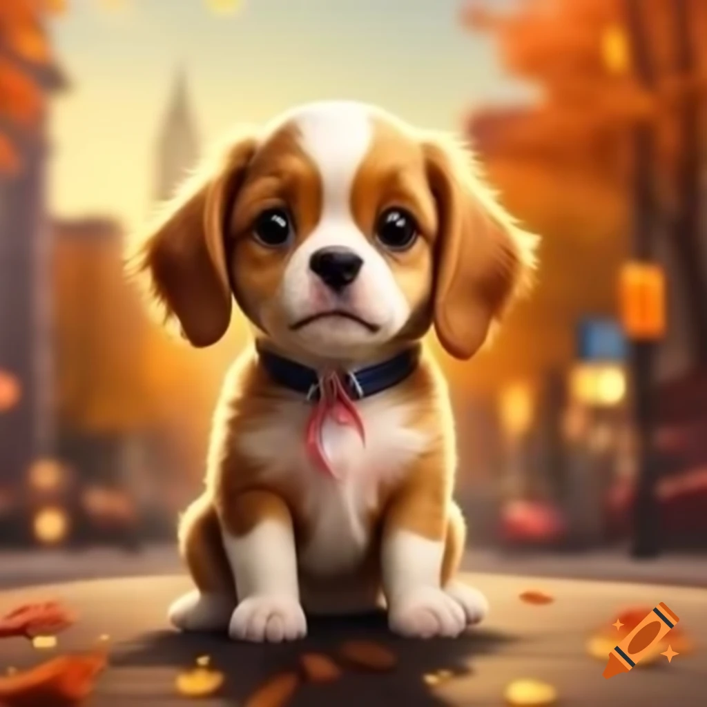 Cute puppy in autumn city setting