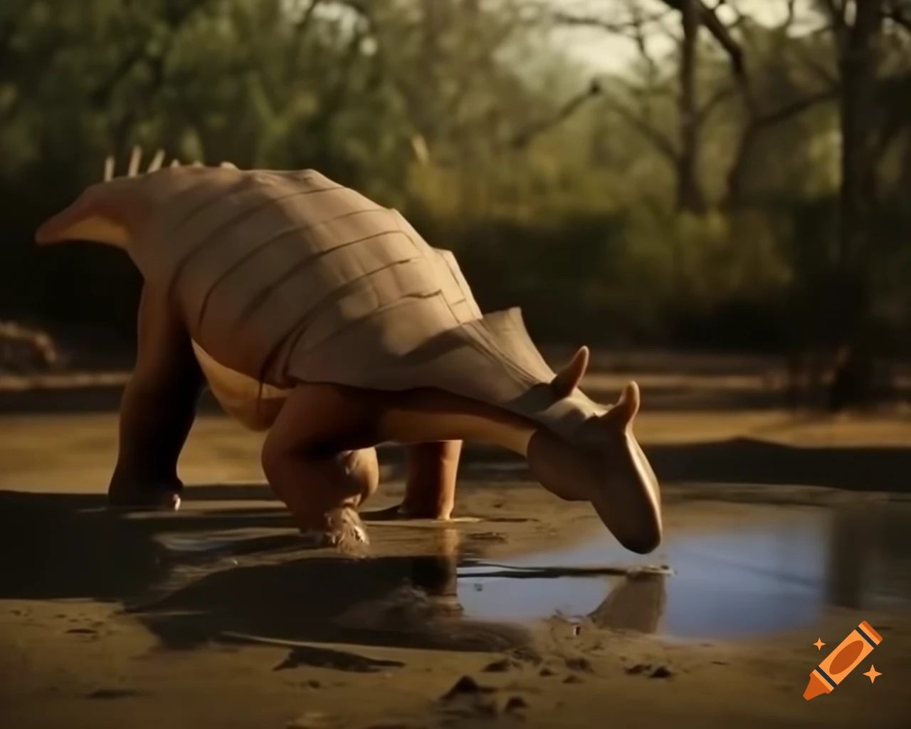 Ankylosaurus drinking in puddle under tree shadow in sunny clearing