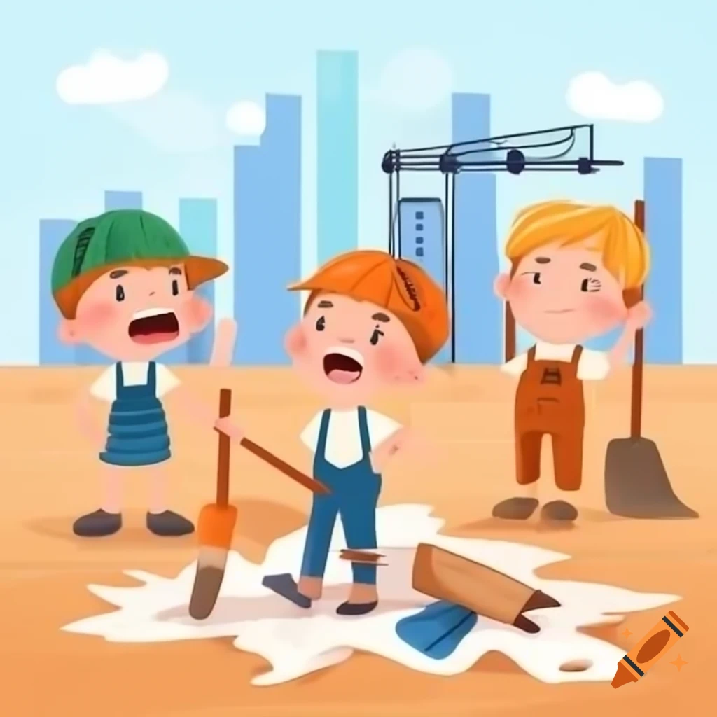 Children working on construction site with sad expressions and torn clothes