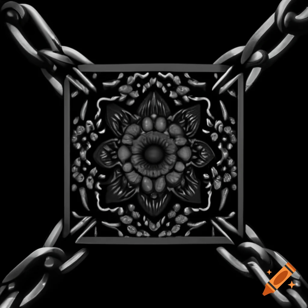 Metal chain mandala design in woodcut style