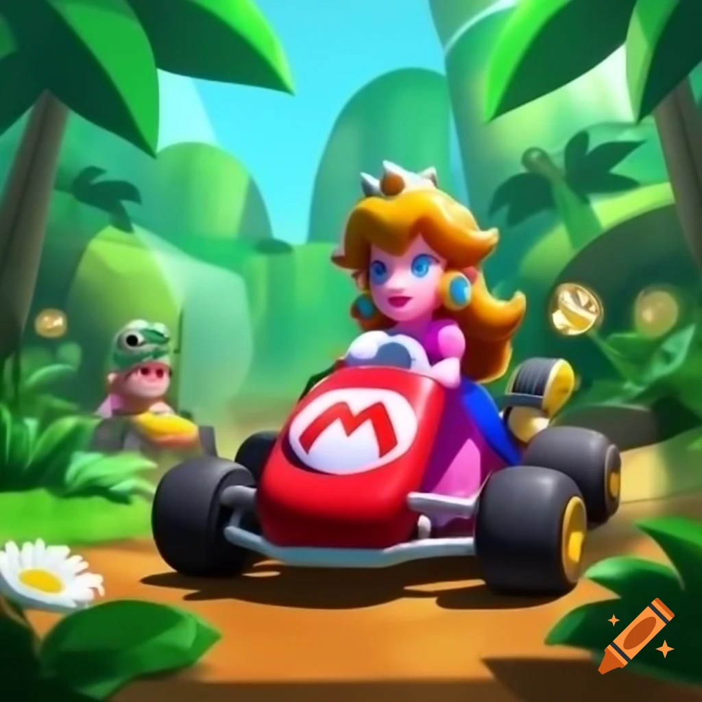 Princess Daisy driving in a jungle in Mario Kart