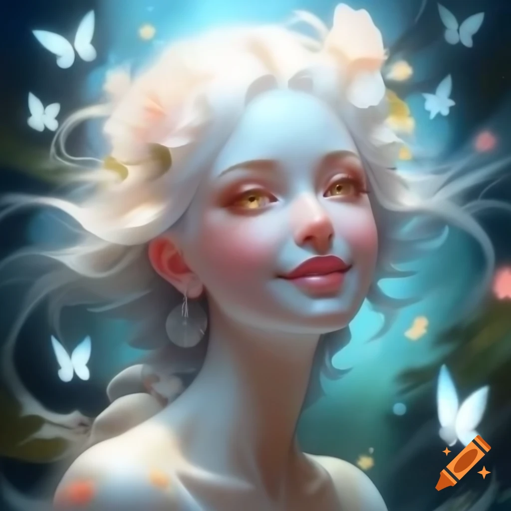 Profile portrait of a beautiful goddess with glowing hair surrounded by flowers and butterflies in magical light