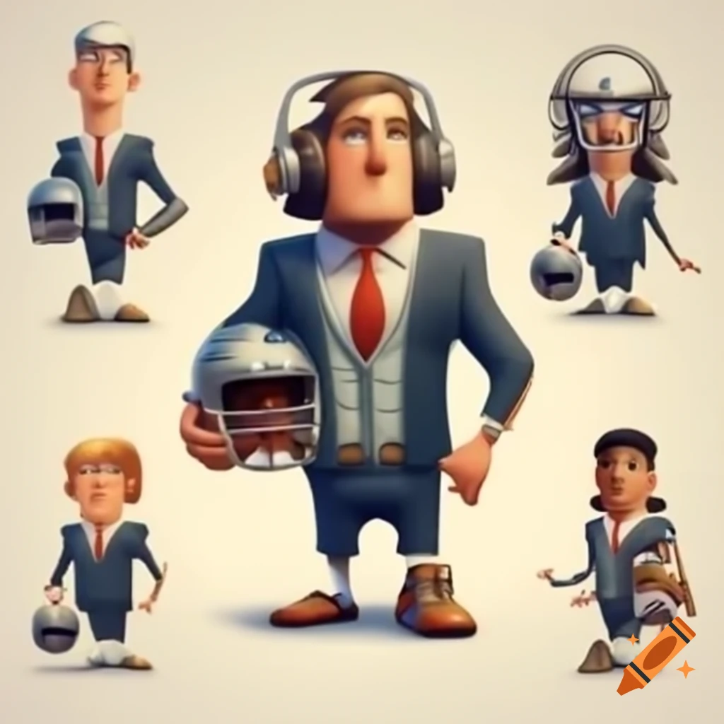 Humorous cartoon of fantasy football players in business suits and helmets