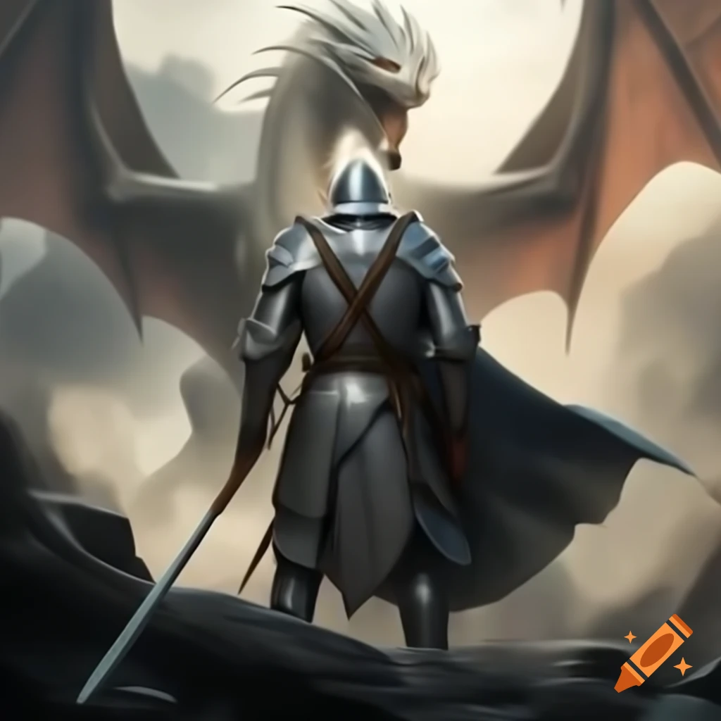 Crusader knight with flail facing a dragon in dramatic scene