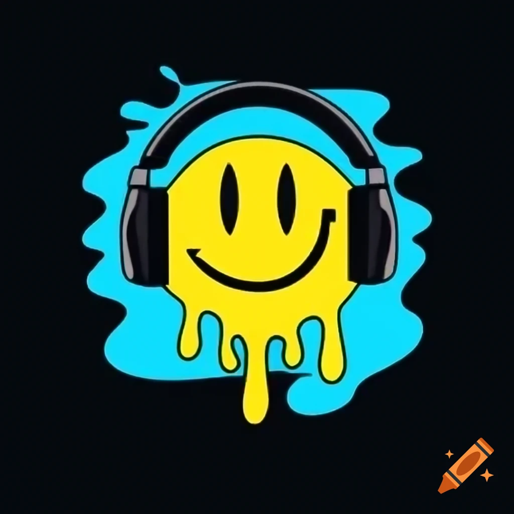 Colorful melting smiley face with headphones and wire spelling meow