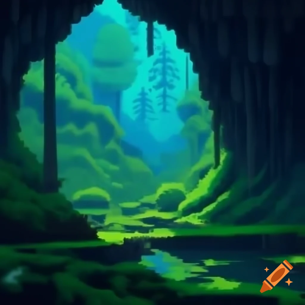 Realistic pixel art side scroller forest underground landscape