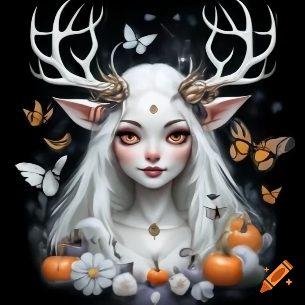 Portrait of a mystical witch with antlers surrounded by flowers and pumpkins, illustration by Ernst