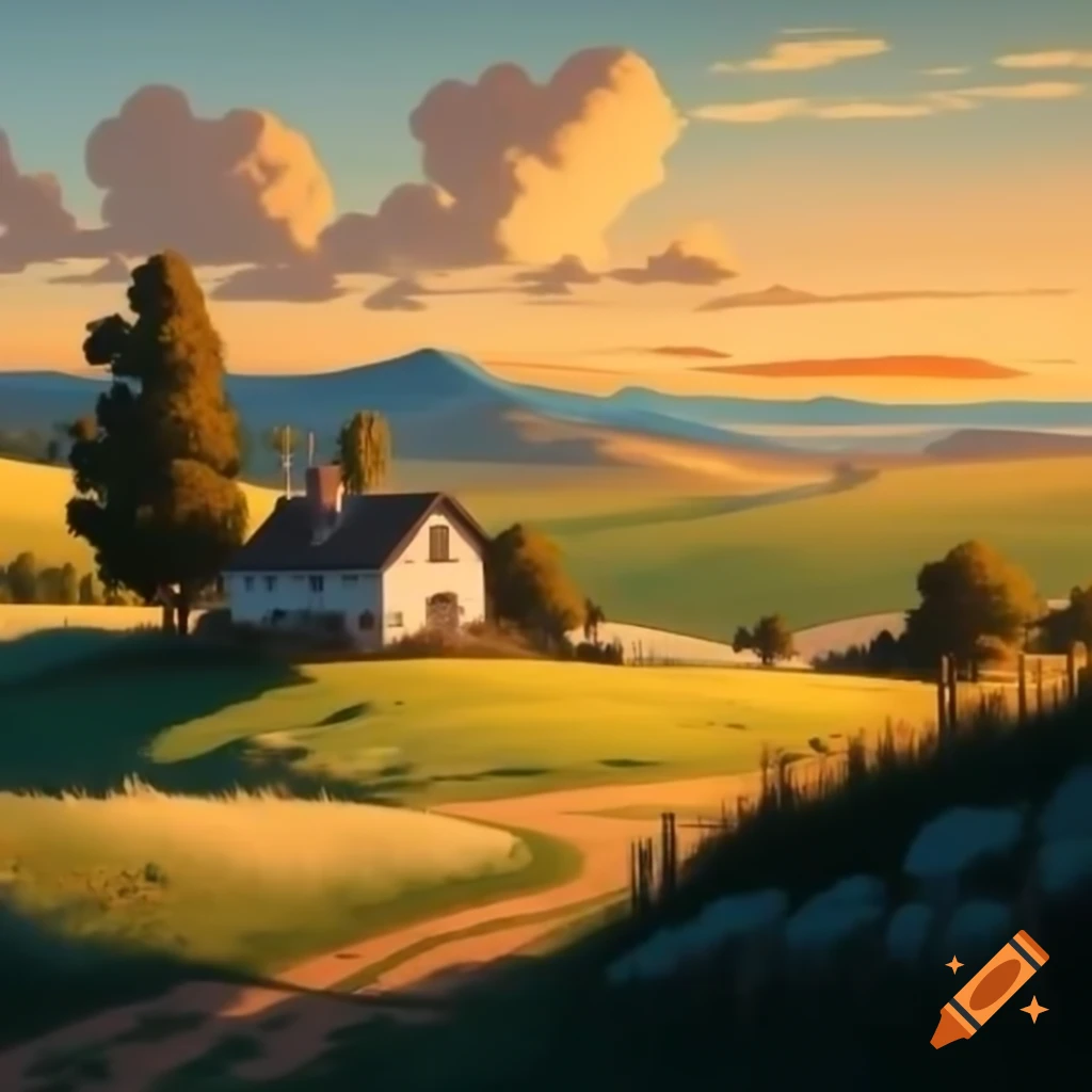 Farmhouse in golden hour light surrounded by green hills, Van Gogh style