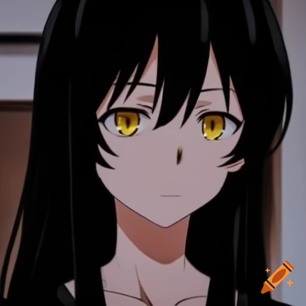 Serious female anime character with black hair and sharp yellow eyes