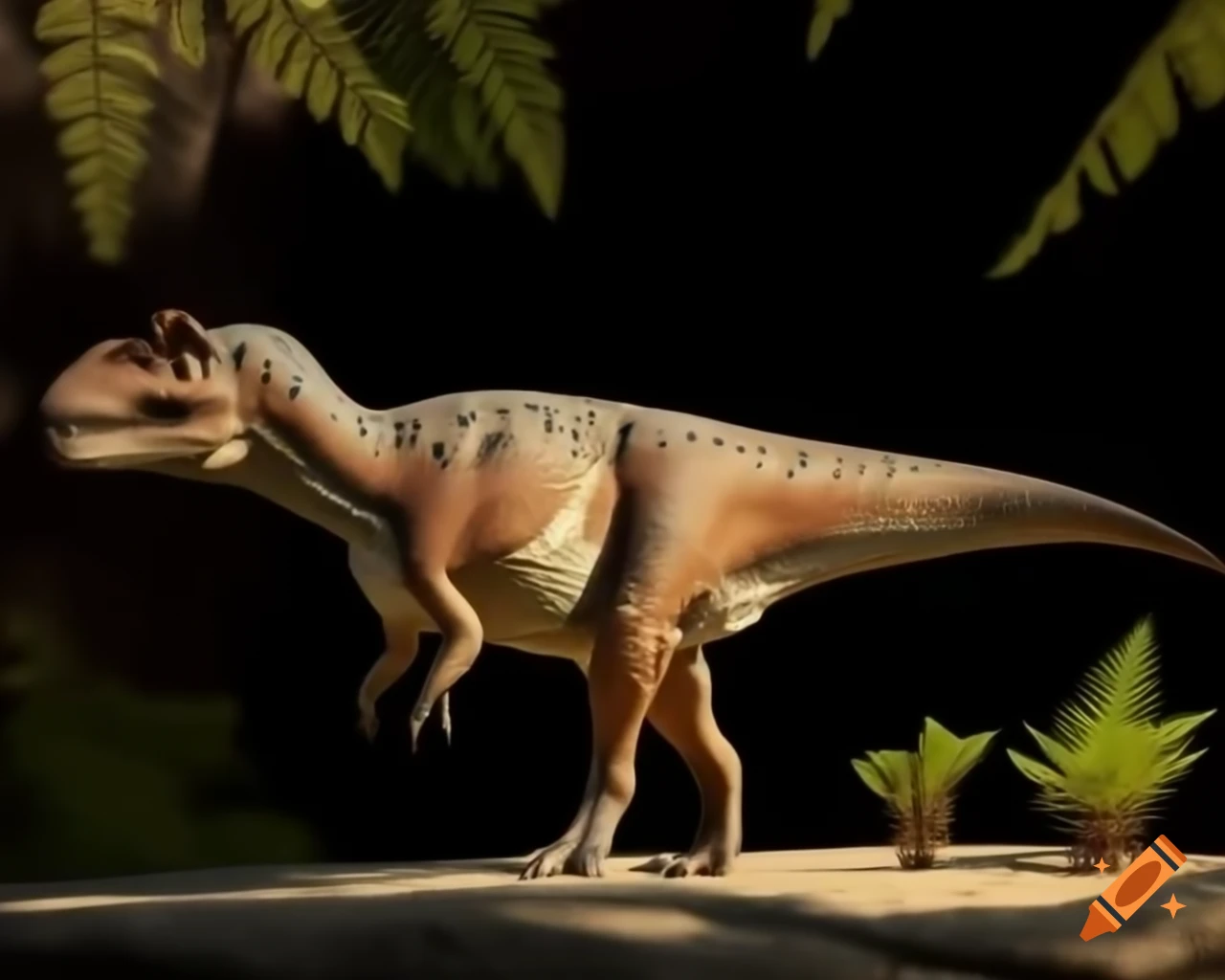 Pachycephalosaurus walking along rocky outcrop with ferns in warm morning light