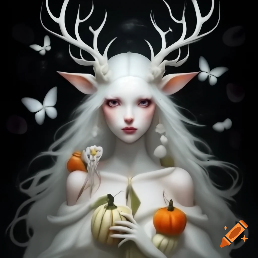 Portrait of a mystical witch with antlers surrounded by flowers and pumpkins, illustration by Ernst