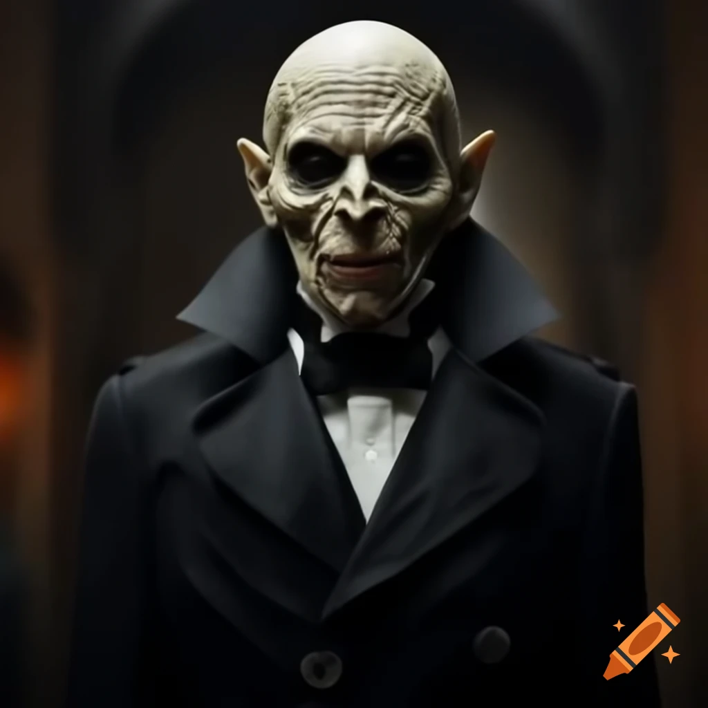 Frail Dracula character in black trench coat with mummified skin and white eyes
