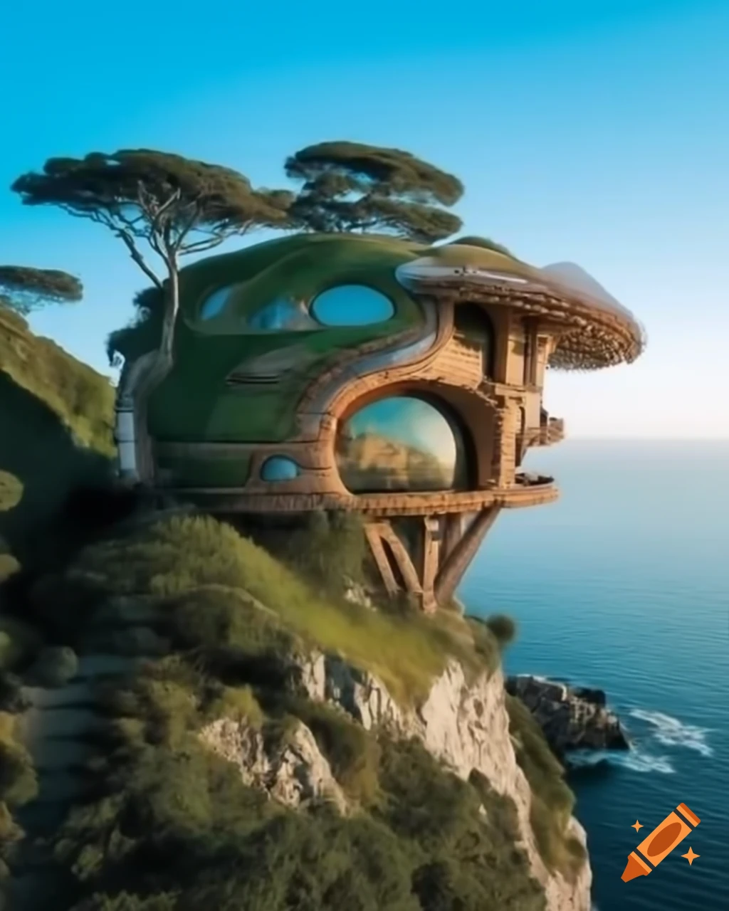 Biopunk solarpunk hobbit house on cliff overlooking azure sea