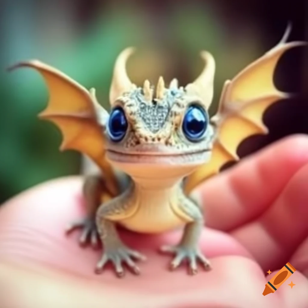 Cute baby dragon with tan scales and blue eyes held in hand