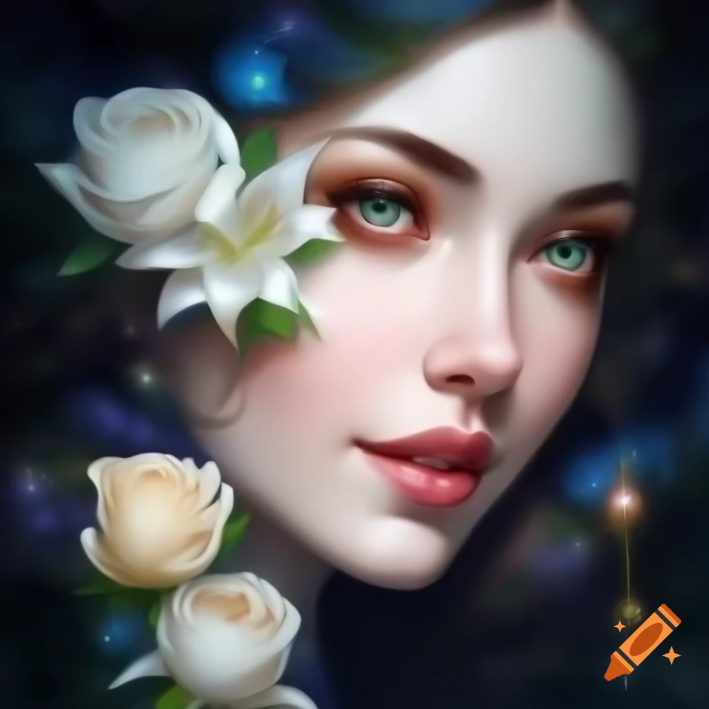 Realistic goddess portrait with flowers and galaxy background