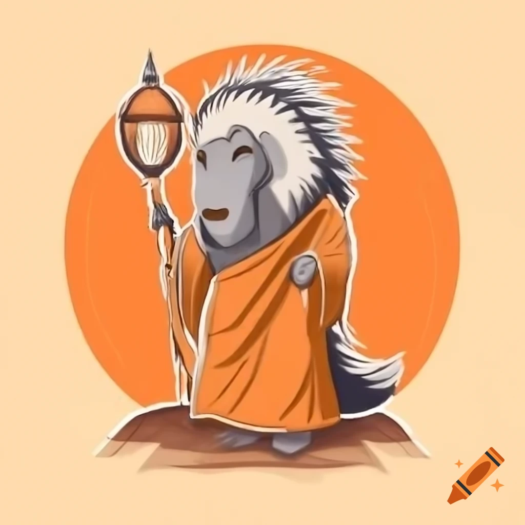 Digital painting of porcupine monk in orange robe with divine light in mountainous setting