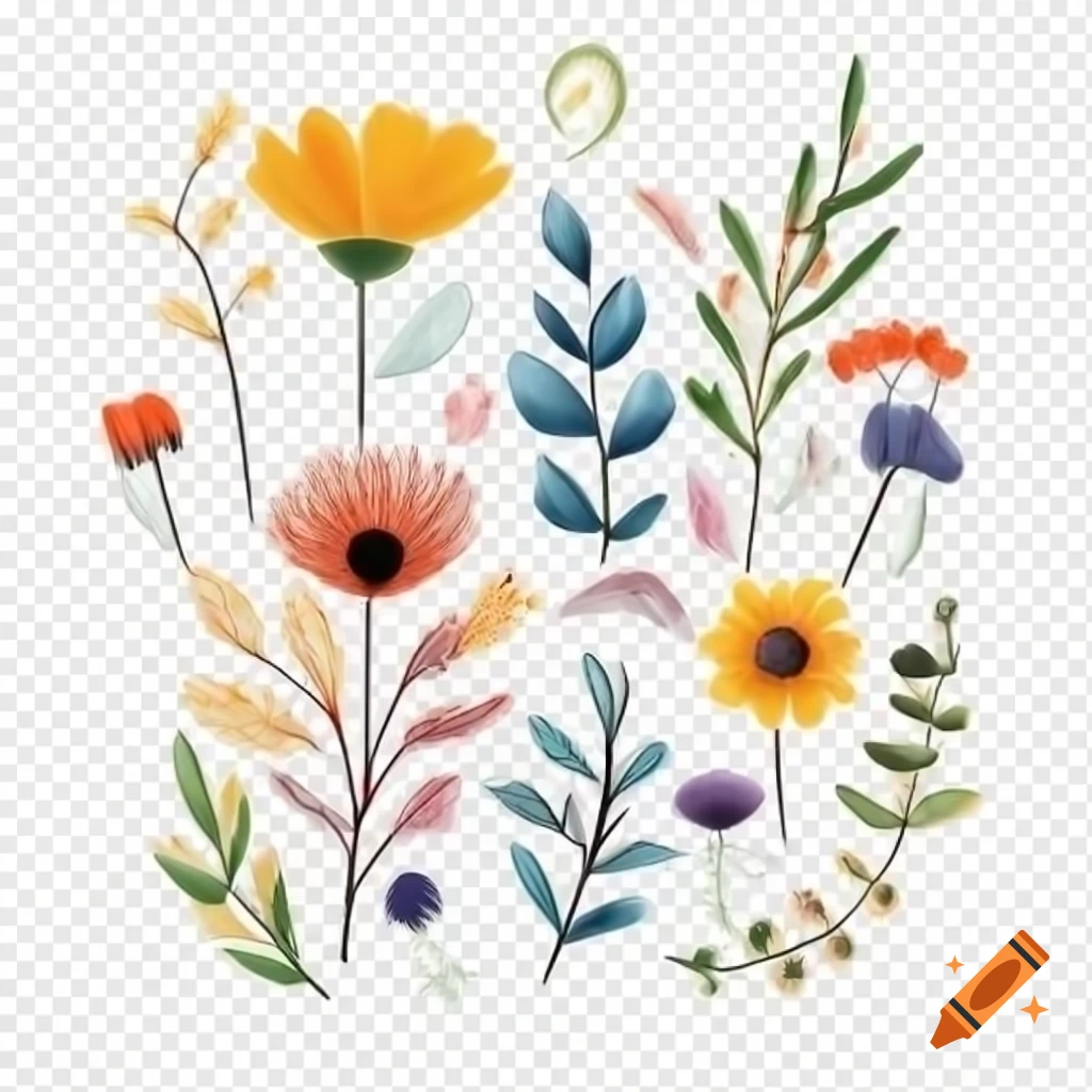 Vibrant hand-drawn floral design with diverse flowers and leaves in warm and cool colors
