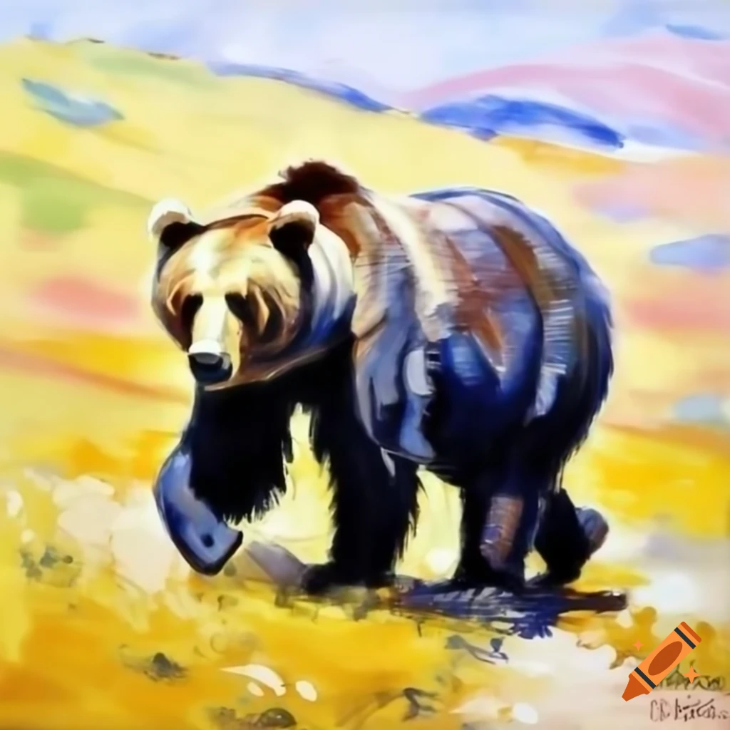 Bear walking in valley, oil painting by Joaquín Sorolla with visible brush strokes