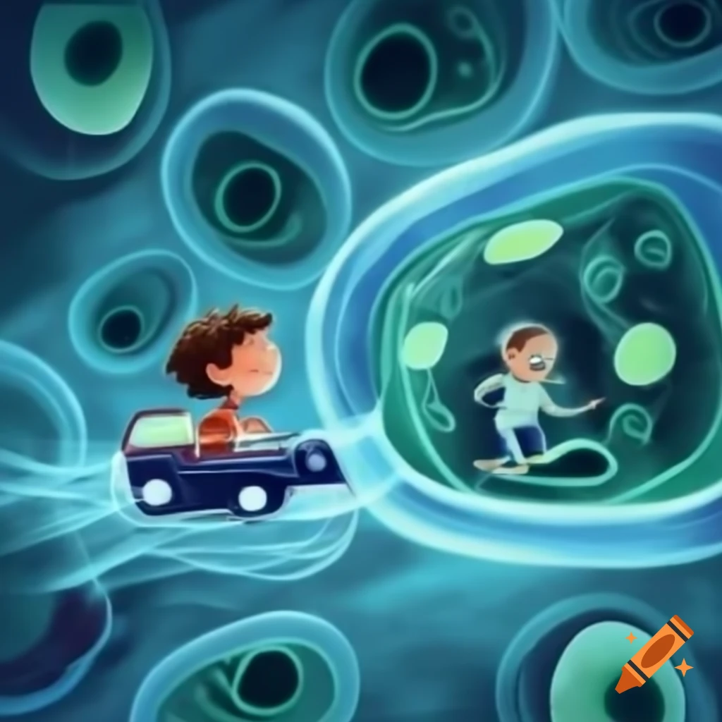 Kid and teacher exploring human cells in a car on craiyon