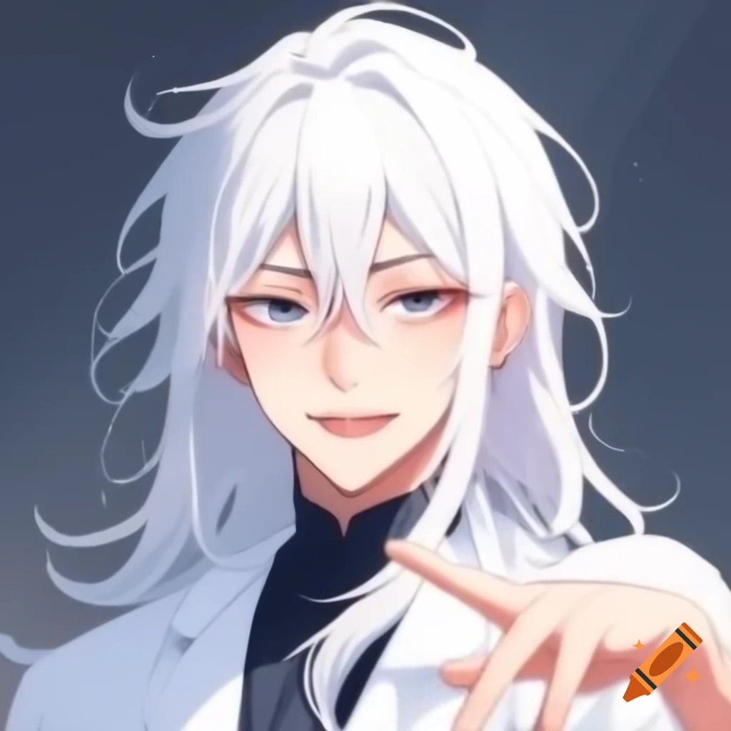 Anime art of male mad scientist with colorful crazy expression and long white hair