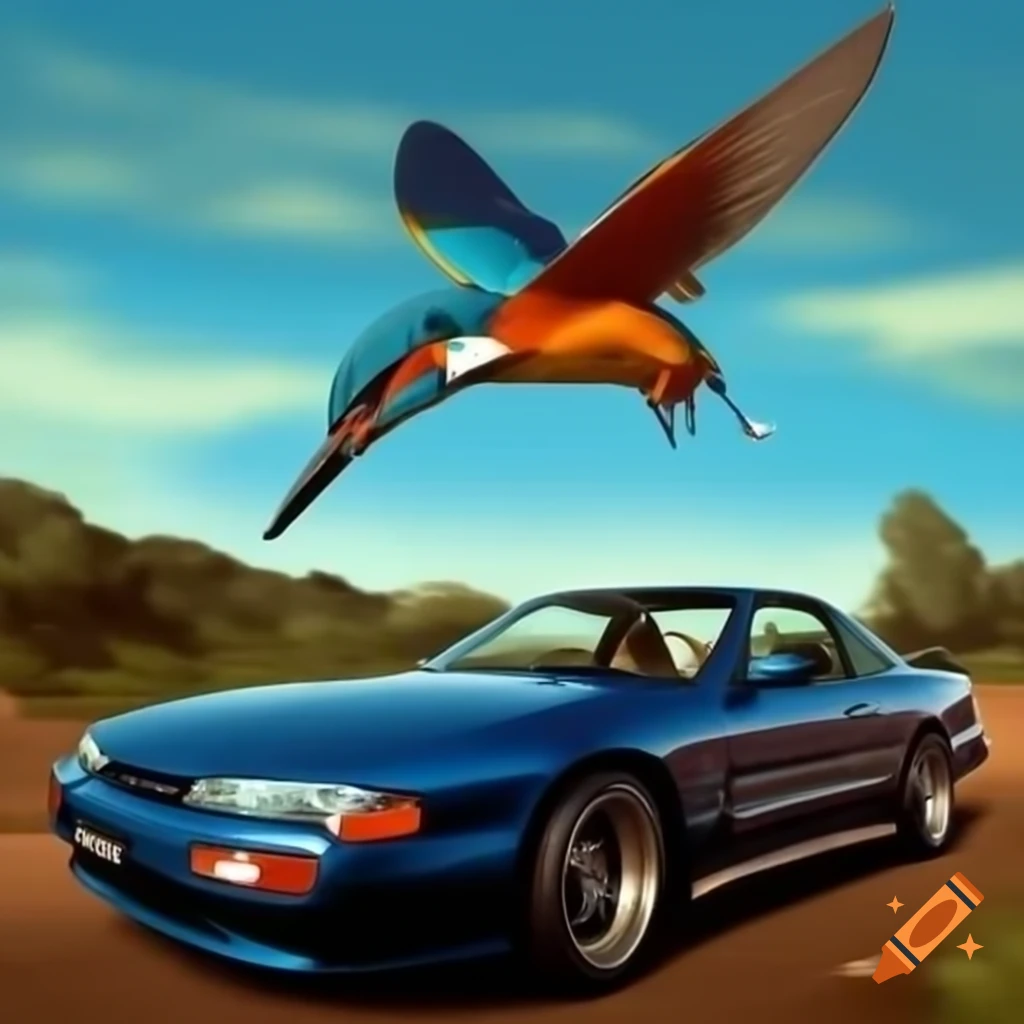 Kingfisher bird flying near vintage Nissan Silvia car