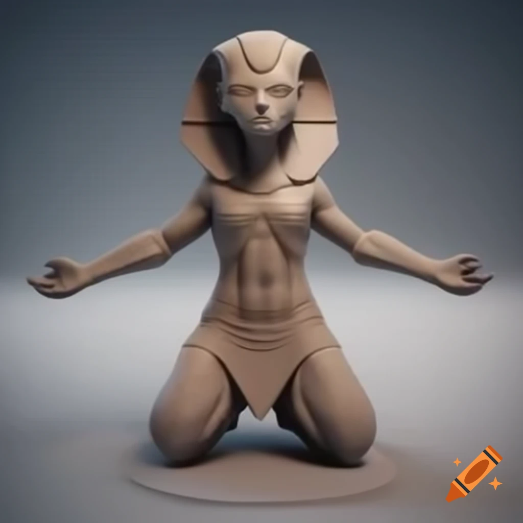 Low poly style ancient Sphinx in T-pose with detailed face
