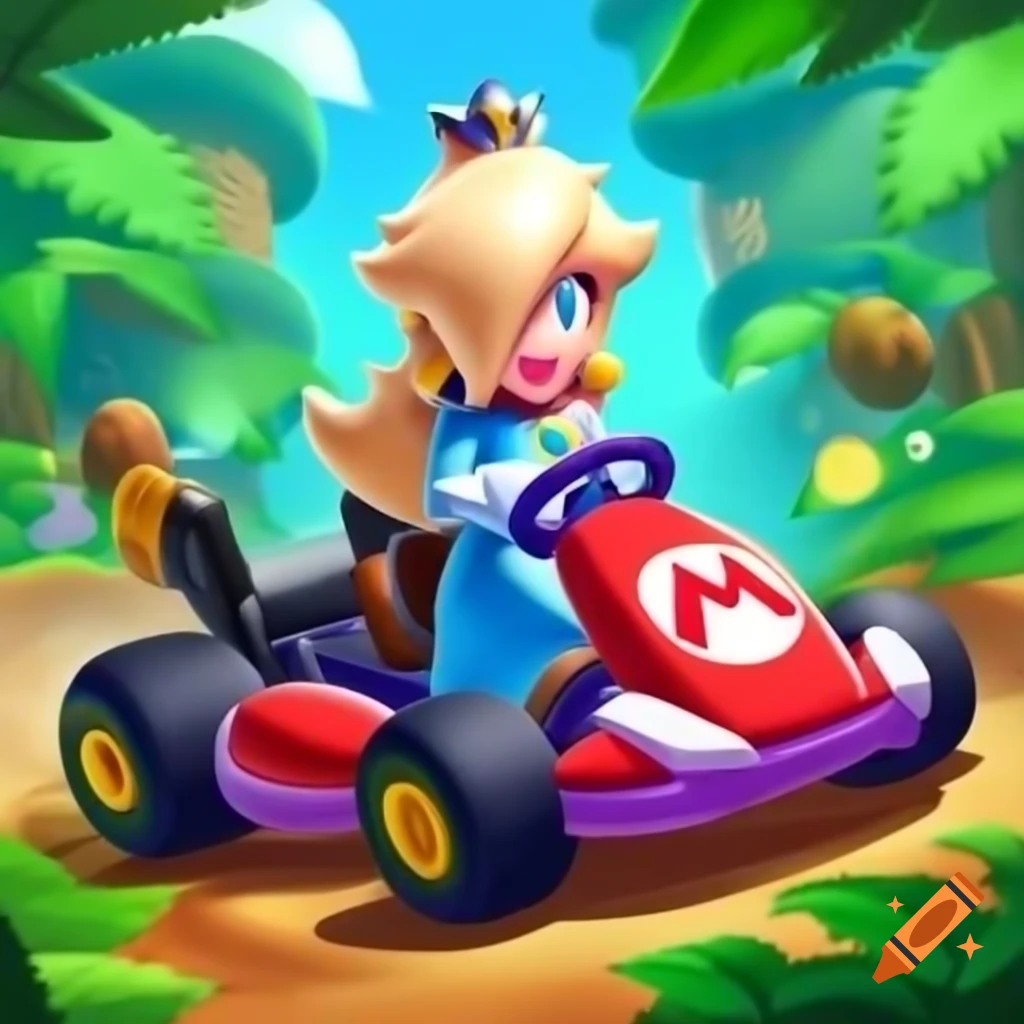 Rosalina from Mario Kart racing through a jungle