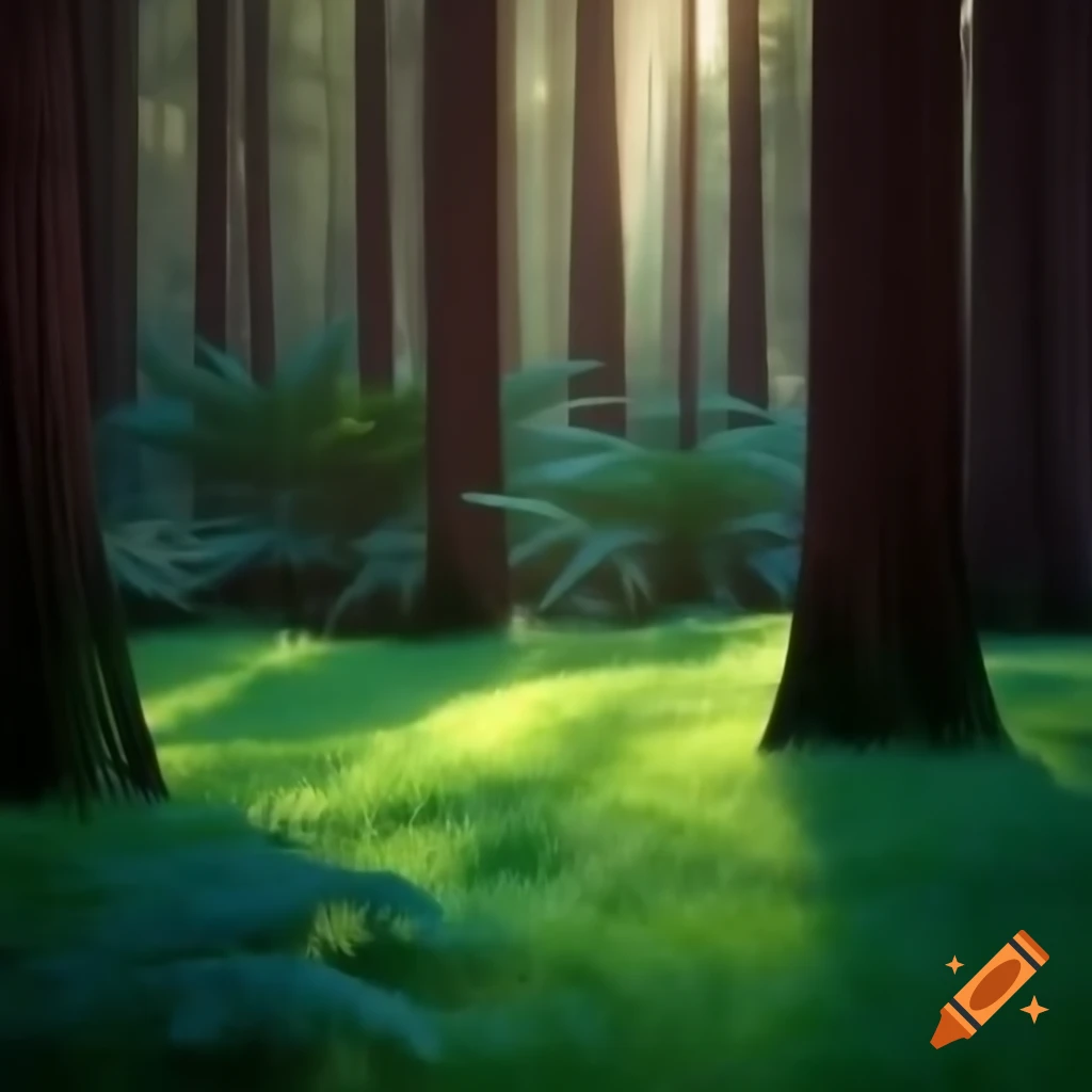 Tiny green meadow surrounded by dense forest with tall ferns under sunlight