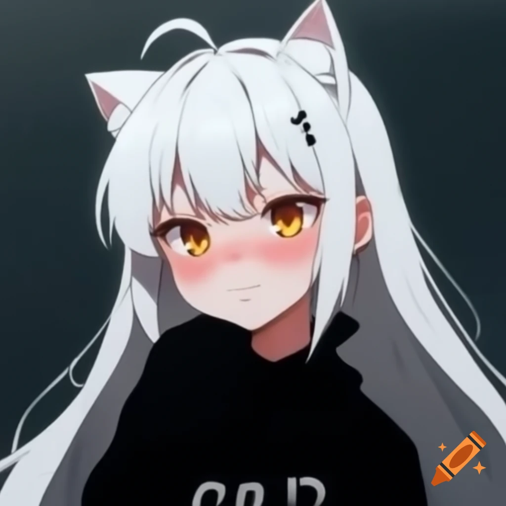 Anime girl with white hair and cat ears wearing a black sweater